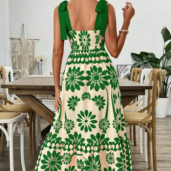 Green Casual Women's Print Laced Shoulder Cut-Out Waist Dress Vacation Beach - Picture 2 of 6